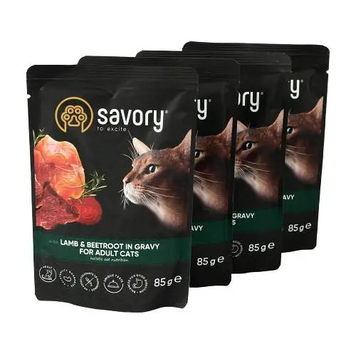 Набір вологих кормів Savory 3+1 для дорослих кішок, ягня з буряком у соусі, паучі, 4 шт. 85 г - фото 4