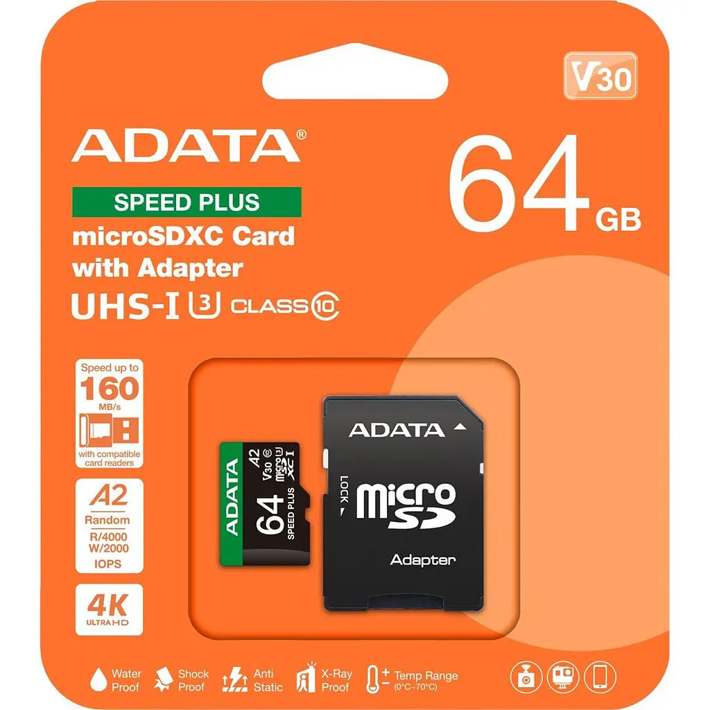 Карта пам'яті ADATA microSDXC Speed Plus 64Gb Class 10 UHS-1 A2 V30 + SD адаптер (UD64GUI3V30A2SP-RA1) [162137] - фото 3