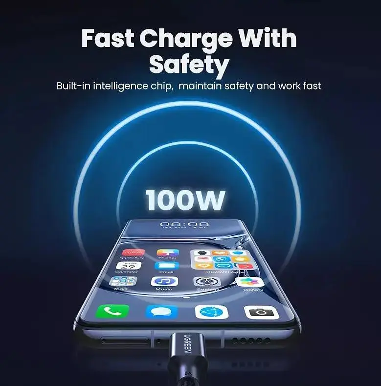 Кабель зарядний Ugreen Type-C 6A 100W Huawei Supercharge 2М Black Nylon, 50995 (US279) - фото 6