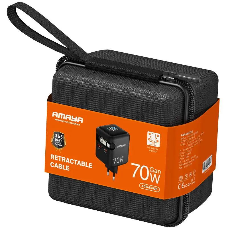 МЗП E700D PD70W+QC3.0 GaN (1USB-A/1C) + Retractable Cable Type-C Black Amaya teh0029581 - фото 2