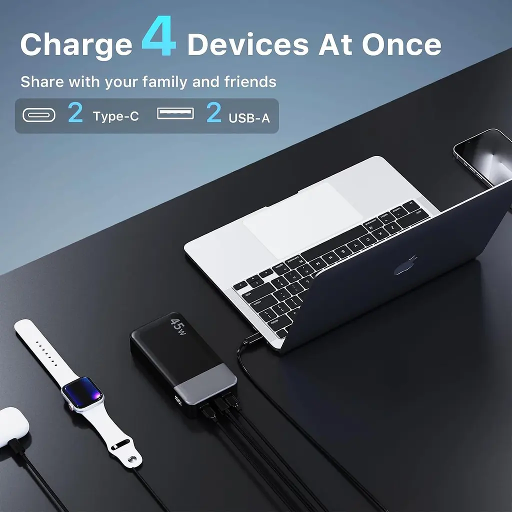 Повербанк NOBIS Power Bank, портативний зарядний пристрій потужністю 45 Вт 20000 мА·год, швидке заряджання USB C, 4-портовий зовнішній - фото 4