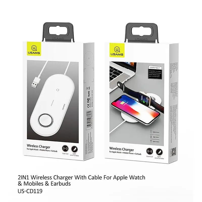Зарядное беспроводное USAMS US-CD119 2-в-1 для Apple Watch и телефонов 2W и 10W белое - фото 3