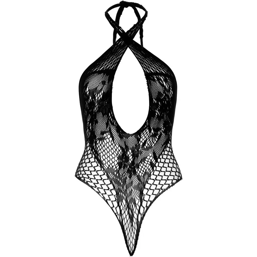 Мереживне тедді Leg Avenue Lace and net halter teddy One Size Black, глибокий виріз, халтер - фото 7