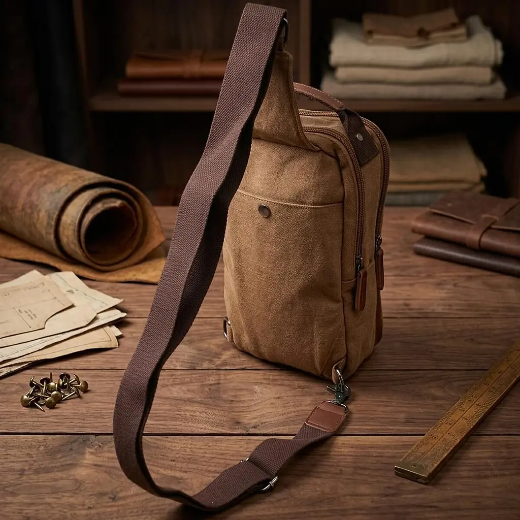 Вертикальна чоловіча сумка через плече із щільного текстилю Vintage 22191 коричневий - фото 4