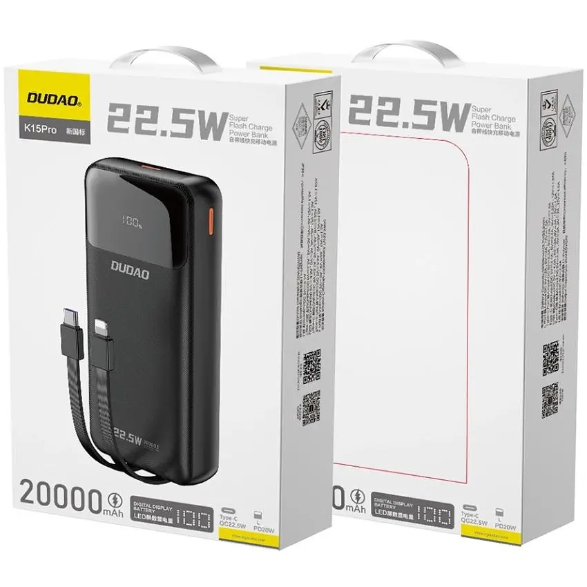 Універсальна мобільна батарея Dudao 20000mAh K15 Pro 22,5W PD USB-A,USB-C In/Out,with built-in USB-C/Lightning cables Black (6977196682430) - фото 3