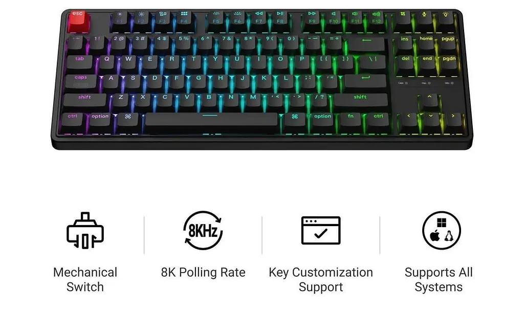Клавиатура Keychron C3 Pro V2 87Key K pro Red USB-A QMK Hot-swap 8K EN/UKR RGB Black (C3PX-H1-UA) - фото 4