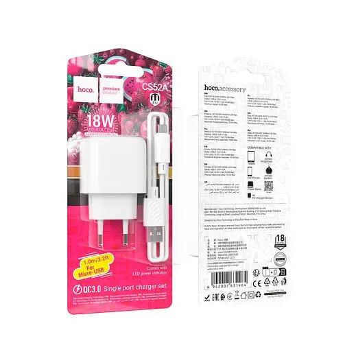 Сітчасте зарядне пристрій HOCO CS52A Surplus single-port QC3.0 charger + Micro білий - фото 2