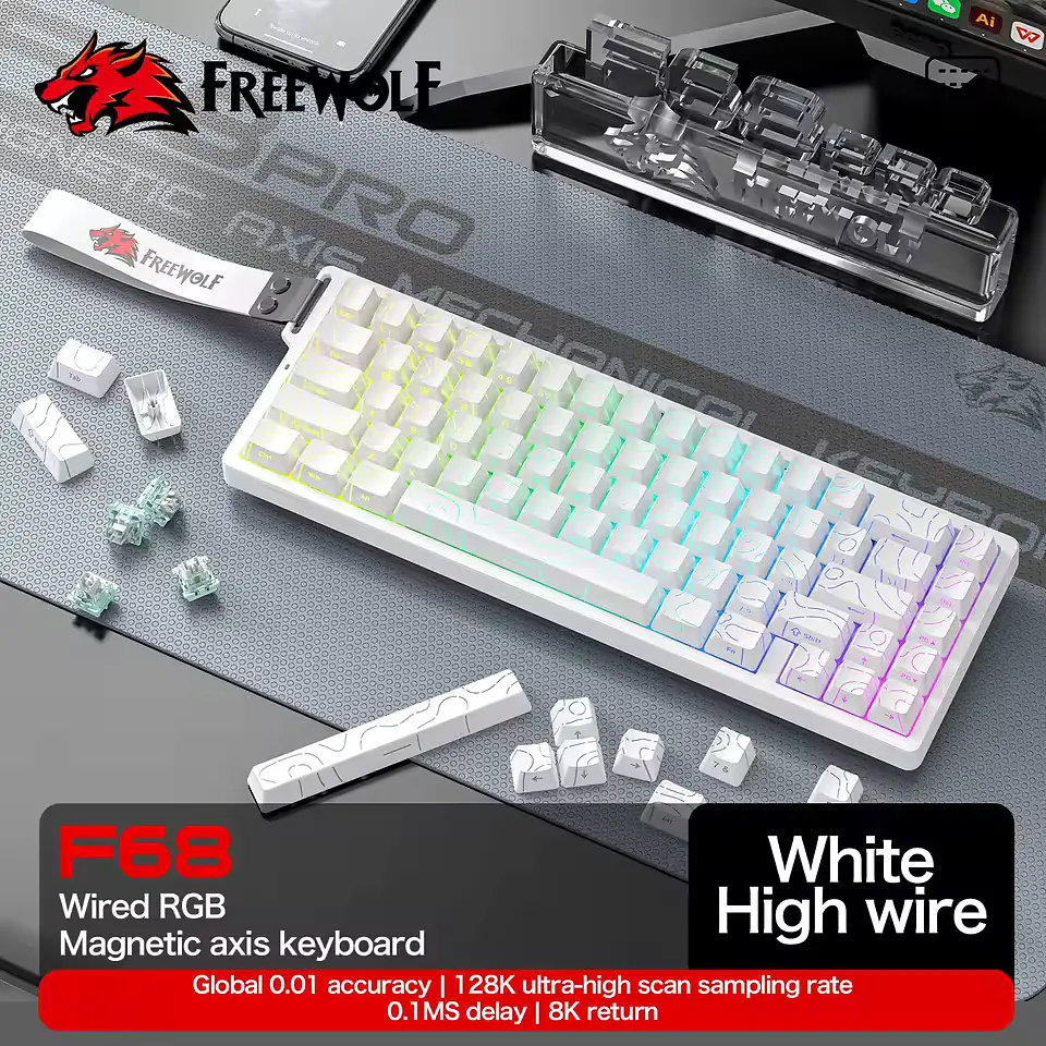 Ігрова дротова магнітна клавіатура FreeWolf F68 / Magnetic Switch / RGB / Wired / White - фото 2