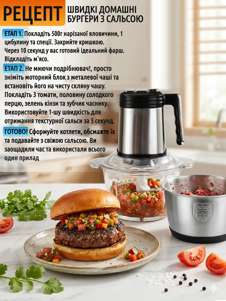 Чопер-подрібнювач кухонний з двома чашами Rainberg Professional Food Chopper Блендер 3в1 для смузі 1200 Вт - фото 11