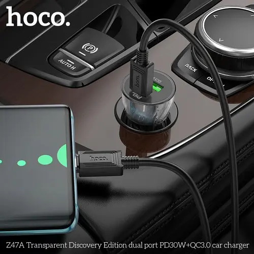 Автомобільний зарядний пристрій HOCO Z47A Transparent Discovery Edition 1PDout/1USB/QC/PD30W/3A чорний - фото 2