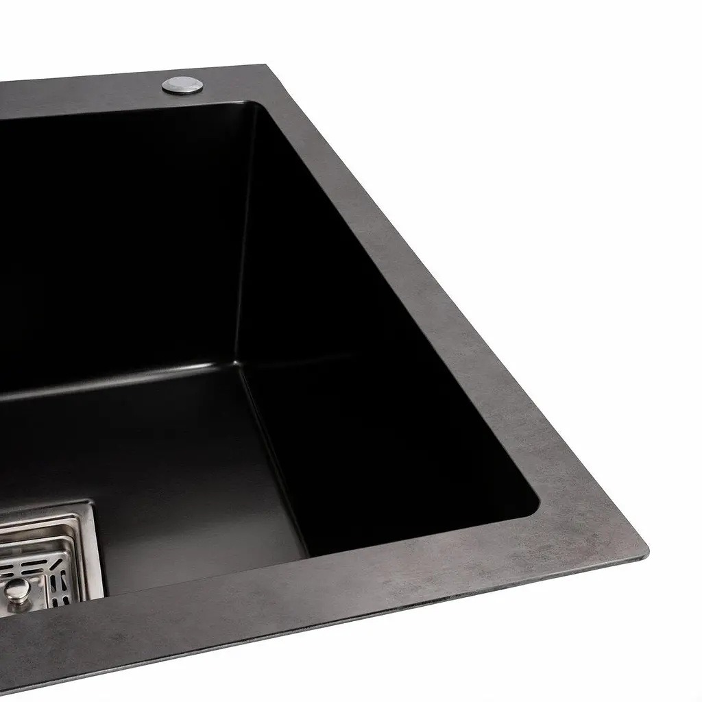 Кухонна мийка Platinum Handmade 78x50В R PVD з нержавіючої сталі 3 мм квадратний сифон 78x50x22 см чорна - фото 2