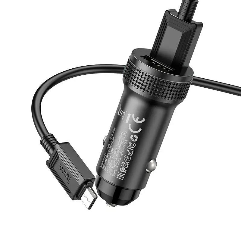 Адаптер автомобильный HOCO Micro USB Cable Level dual port car charger Z49 2 USB 12W черный набор - фото 5