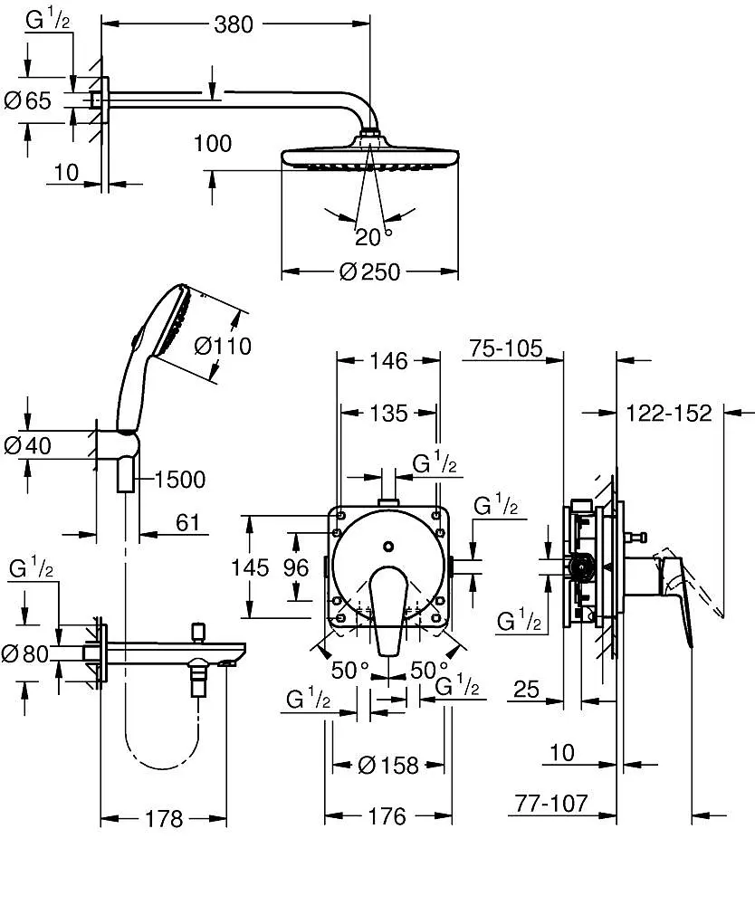 Душова система прихованого монтажу Grohe BauEdge з Tempesta 250 25291000, Хром - фото 3