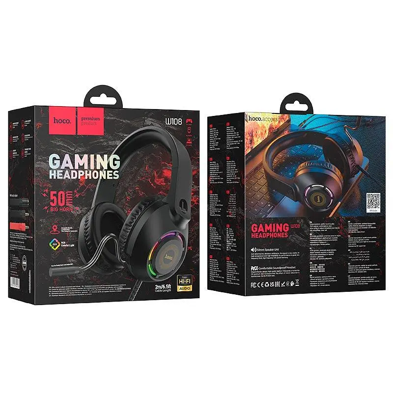 Навушники Hoco Sue headphones gaming W108 RGB-підсвітка кабель 2 метри чорні - фото 3