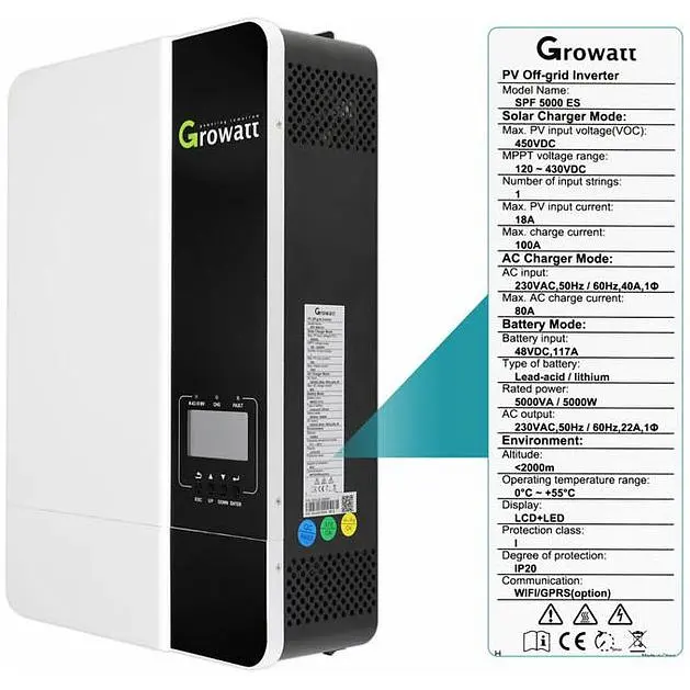 Преобразователь инвертор для солнечных батарей Growatt 5000W 48V 100A без Wi-fi - фото 4