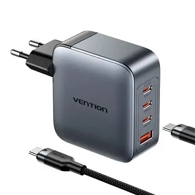 Зарядний пристрій Vention 3xUSB-C PD100W + 1xUSB QC3.0 30W GaN + cable USB-C to USB-C 1.0m gray (TZ-FETH0-EU) - фото 2