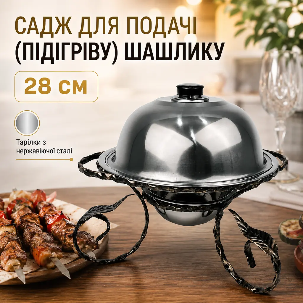 Садж для подачі та підігріву шашлику 28 см з підносом і підставкою під вугілля - фото 5