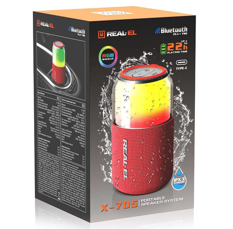 Портативная колонка REAL-EL RX705 5W Bluetooth TWS, RGB, RED - фото 12