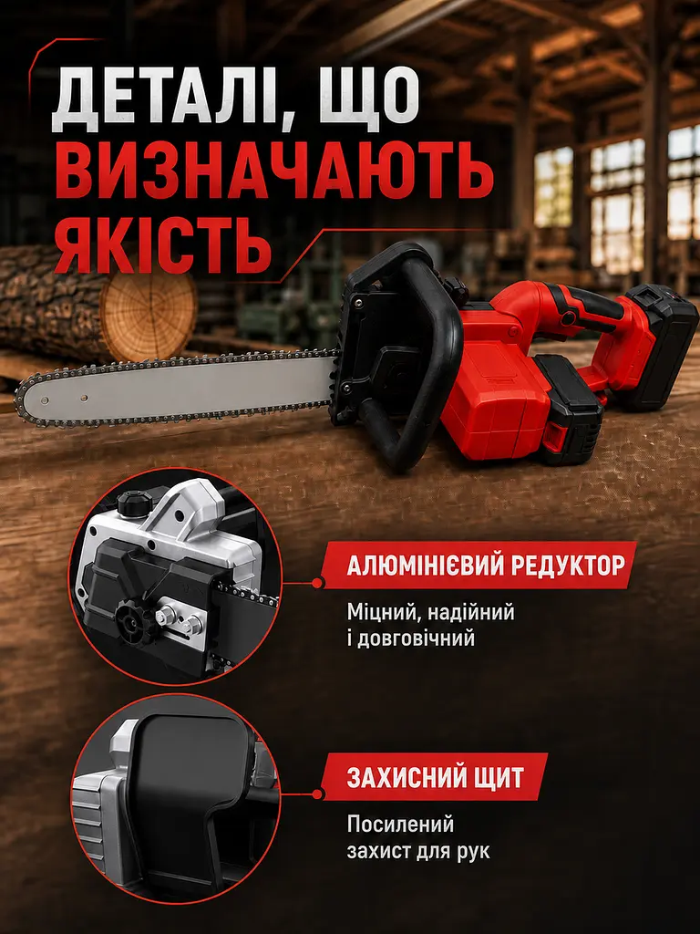 Акумуляторна ланцюгова пила 18" з автоподачею оливи, 2 АКБ і 2 зарядками, червона (49675889) - фото 3