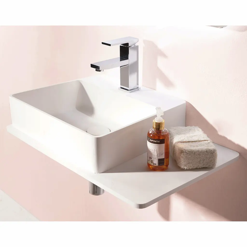 Раковина підвісний Volle Solid Surface з поличкою з каменю 58x37x12,5 см білий/soft touch 13-40-415, Білий - фото 3