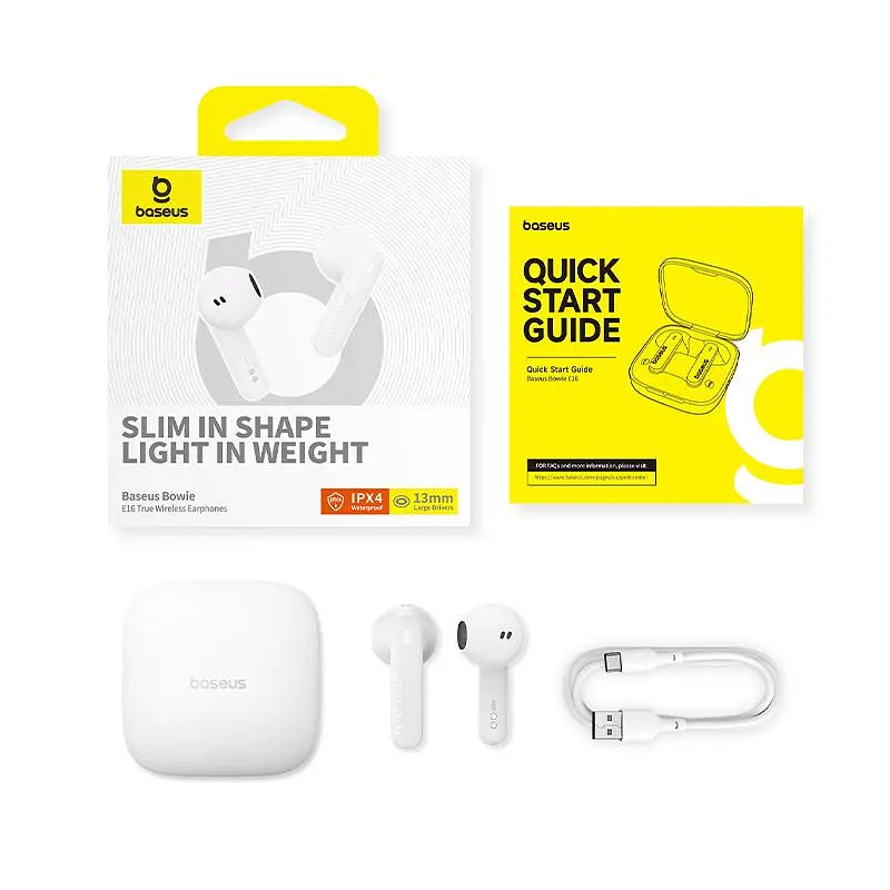 Беспроводные наушники Baseus Bowie E16 True Wireless Earphones, IPX4, TWS, BT5.3, 35mAh, 400mAh, 6h, White A00061900223-00 - фото 5