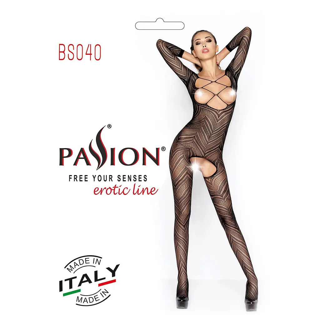 Бодістокінг Passion BS040 black, комбінезон з відкритими грудьми - фото 5