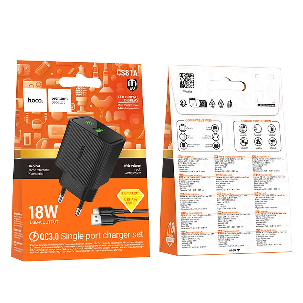 МЗП Hoco CS81A Excellent single port QC3.0 charger with digital display set(Type-C)(EU) Black - фото 2