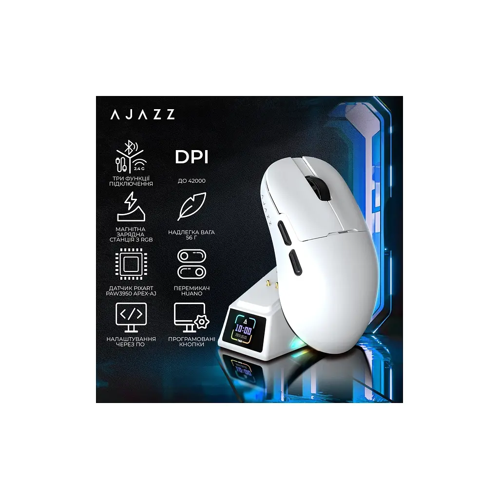 Мишка Ajazz AJ159 APEX Wireless/Bluetooth/USB White (AJM159-A-W) - фото 9