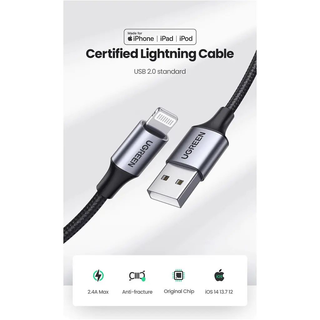 Дата кабель USB 2.0 AM to Lightning 2.0m US199 2.4A Black Ugreen (60158) - фото 3