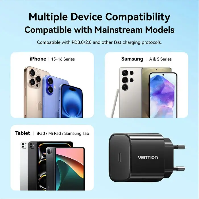 Зарядний пристрій 1xUSB-C 20W + USB-C для Lightning cable М-М Чорний Vention - фото 7