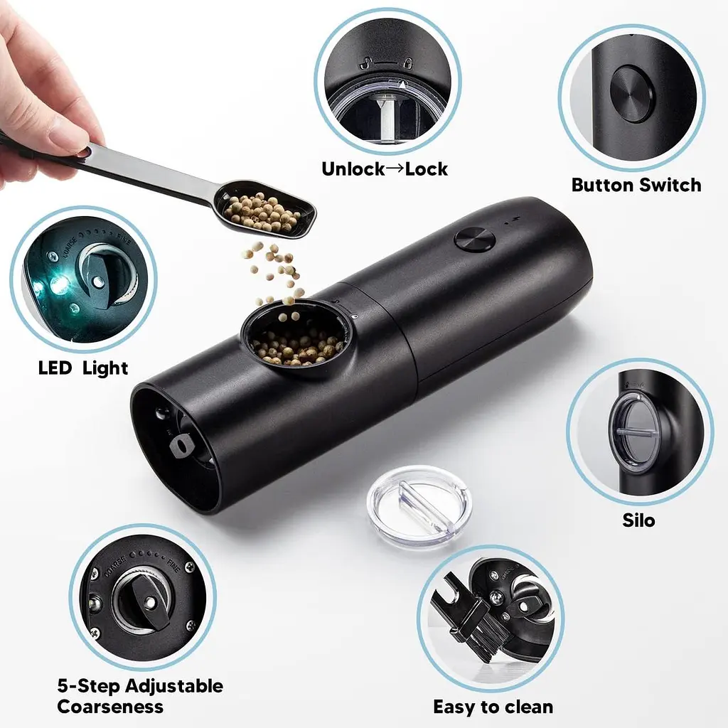 Virklyee USB Charging Pepper Mills Электрические мельницы для соли и перца Набор из 2 регулируемых шероховатостей со светодиодным - фото 3