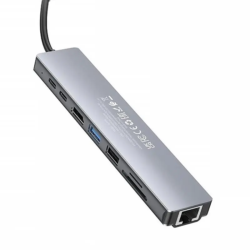 Перехідник HUB Hoco DUP09 (Type-C to HDMI+USB 3.0+USB 2.0+2xType-C+SD/TF) Silver - фото 3