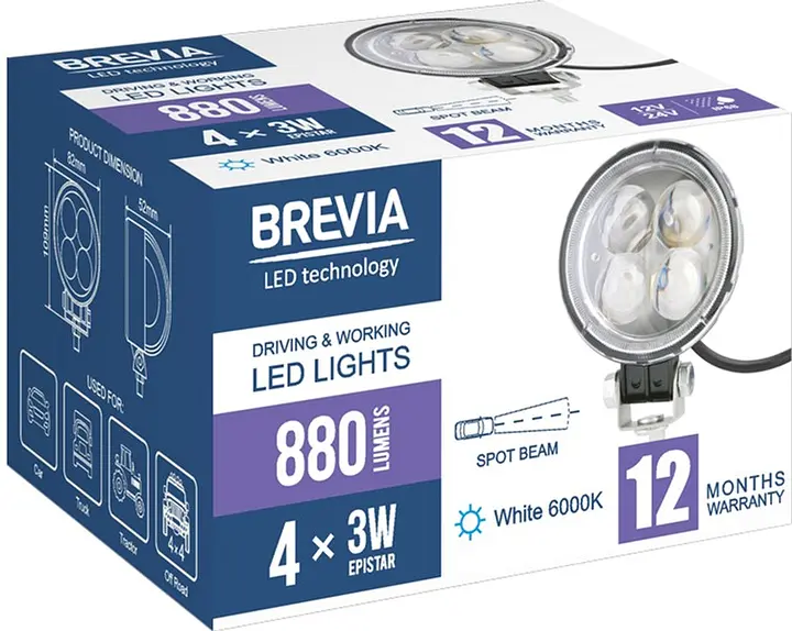 LED фара Brevia EPISTAR Sport Далеке світло 10-30V, 12W (4x3W) 880Lm Лінзована Алюмінієвий корпус IP68 (10601RFX1) - фото 6