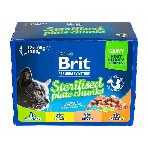 Влажный корм Brit Premium Cat Набор паучей семейная тарелка для стерилизованных кошек, ассорти 4 вкуса, 100 г х 12 шт. - фото 3