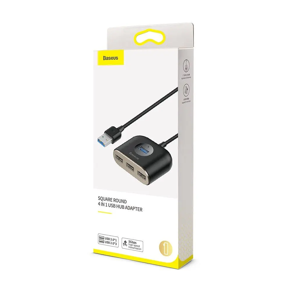 USB-хаб Baseus Square round 4 in 1 USB HUB Adapter(USB3.0 TO USB3.0*1+USB2.0*3) 1m Black (CAHUB-AY01 - фото 3