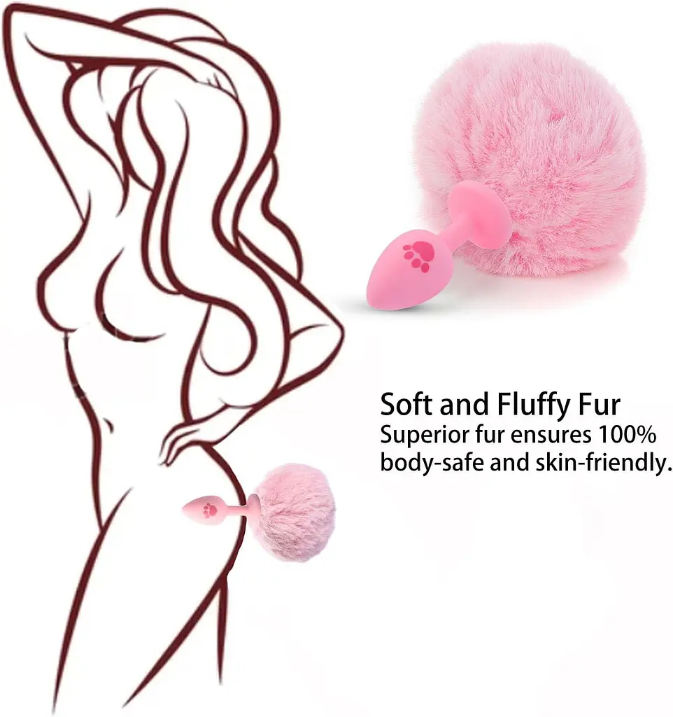 Силіконова анальна пробка з пухнастим хвостом кролика та принтом лапки 2.8 см Рожева - фото 6