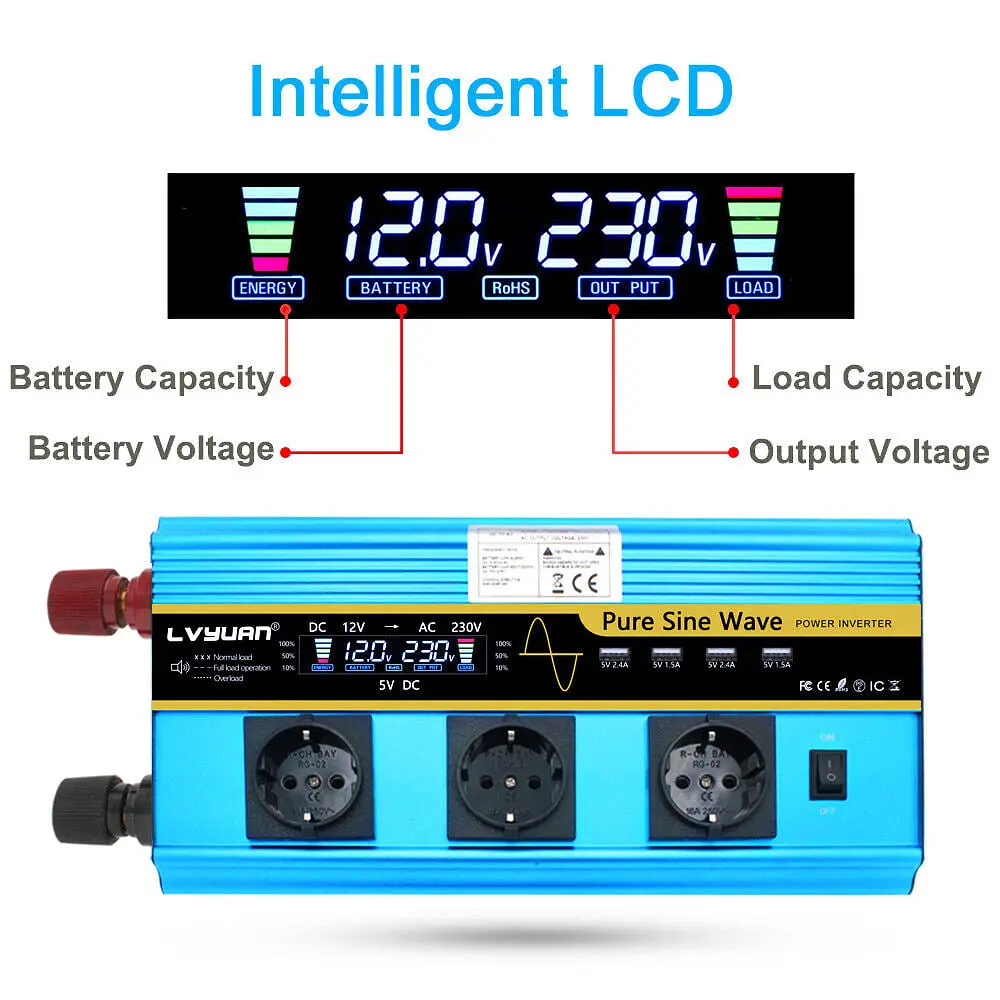 Інвертор перетворювач напруги Lvyuan 12-230v 3000/6000w чистий синус - фото 5