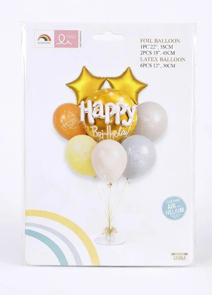 Набір надувних фольгованих кульок Happy Birthday з жовтими зірками яскраві декоративні для свят 6 шт Різні кольори - фото 2