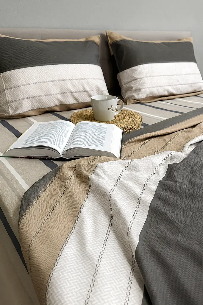 Комплект постільної білизни Ecotton Євро 210х220 см в полоску молочно-сірий (20004АВ) (22293) - фото 2