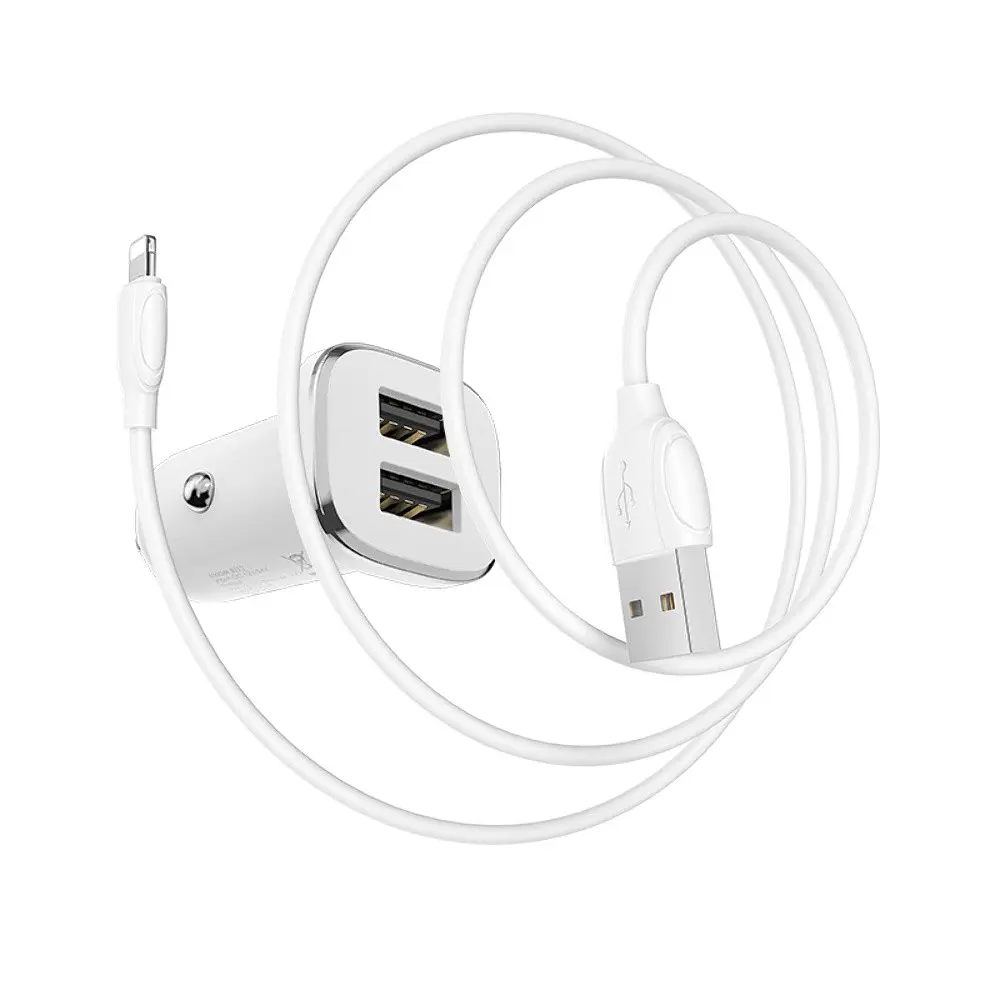 Автомобільний зарядний пристрій Borofone BZ12 2 USB білий + кабель USB to Lightning - фото 2