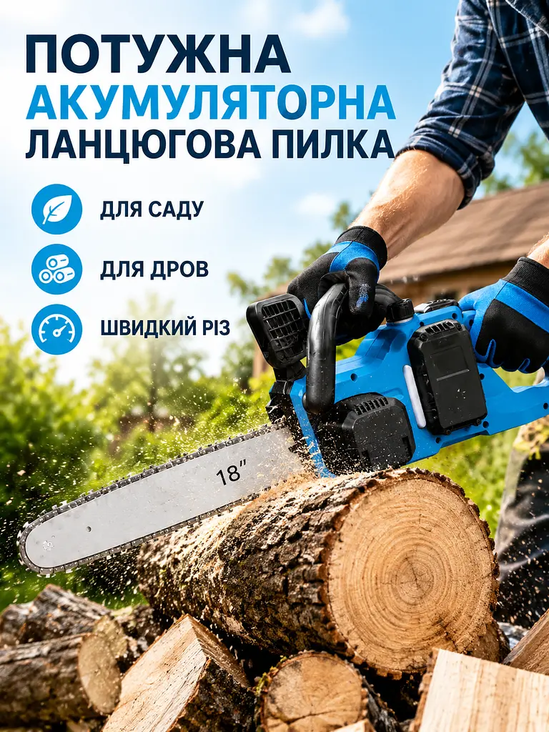 Акумуляторна ланцюгова пилка 18 дюймів 21 В з 2 АКБ та кейсом безщіткова (49676077) - фото 4