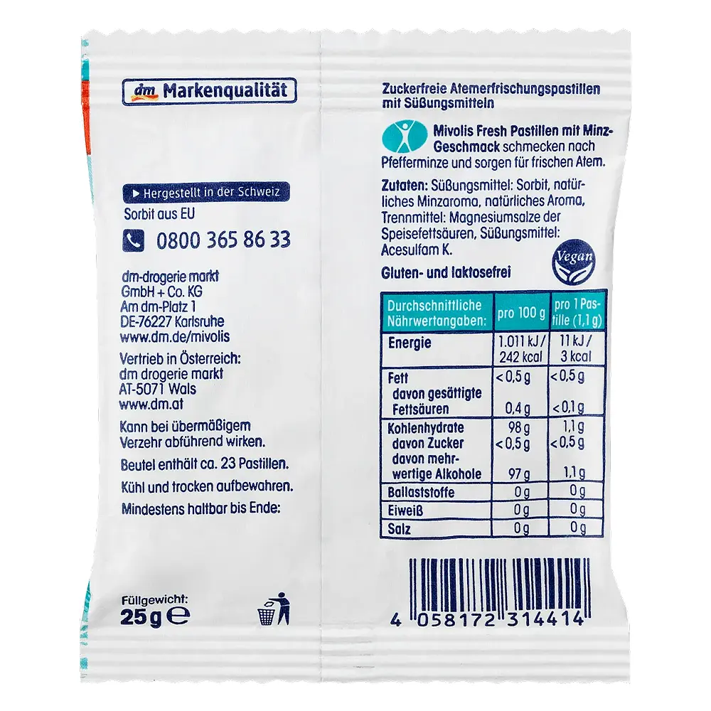 Пастилки Mivolis Fresh зі смаком м'яти, без цукру, 25 г, від DM (Німеччина) - фото 2