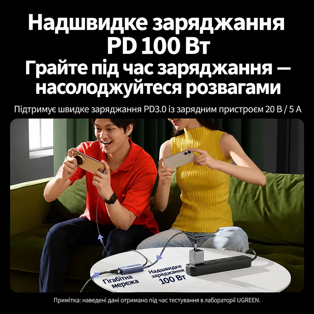 Мережевий адаптер із наскрізним заряджанням UGREEN CM255 з кабелем 1 м мережева карта Ethernet USB-C на RJ45 до 1000 Мбіт/с вхід живлення USB-C PD 3.0 до 100 Вт для заряджання пристроїв із підтримкою PD для 100 Вт потрібен зарядний пристрій 20 В 5 А з підключенням до входу USB-C кутовий штекер USB-C без встановлення драйверів сірий (65729) - фото 5