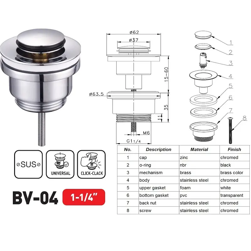 Донний клапан для раковини Zerix BV-04 універсальний Click-Clack 1 1/4″ ZX6021 - фото 7