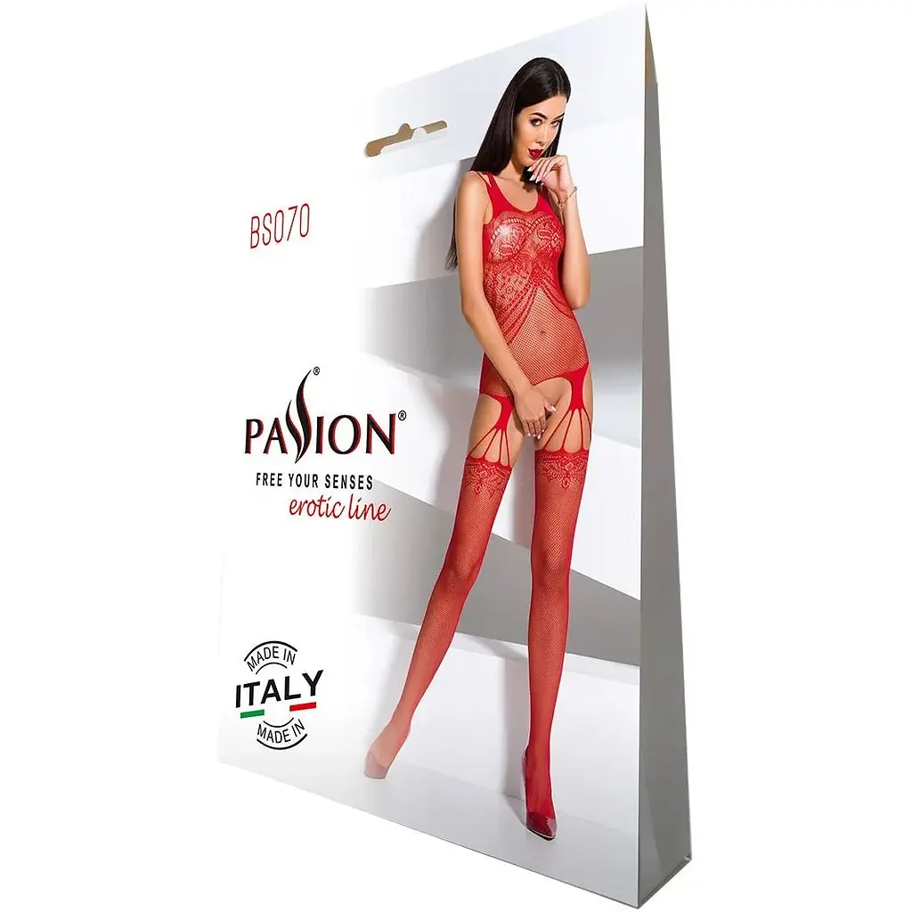 Бодістокінг Passion BS070 Red, комбінезон, імітація панчох і ажурного топа - фото 5