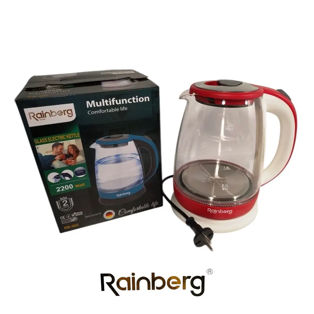 Скляний електричний чайник Rainberg RB-902 з LED-підсвічуванням, 1.8 л
