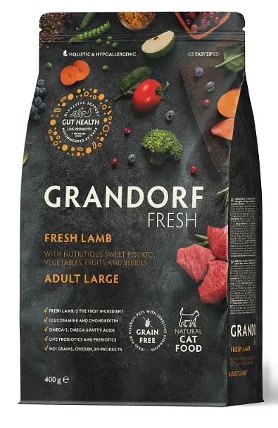 Сухий корм для дорослих котів великих порід ягня з бататом Grandorf FRESH LAMB & SWEET POTATO ADULT LARGE CAT 400 г