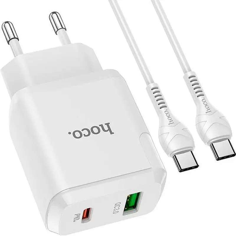 Мережевий зарядний пристрій Hoco N5 1USB + Type-C PD20W+QC 3A White + Cable Type-C to Lightning - фото 2