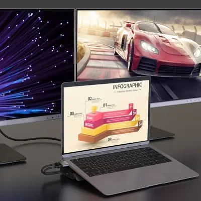 Порт-реплікатор J5create Dock-Station USB-C 10Gbps, 12-in-1 (слот M2 NVMe/хаб/HDMI/DP/PD/картрид/LAN) (JCD552-N) - фото 7