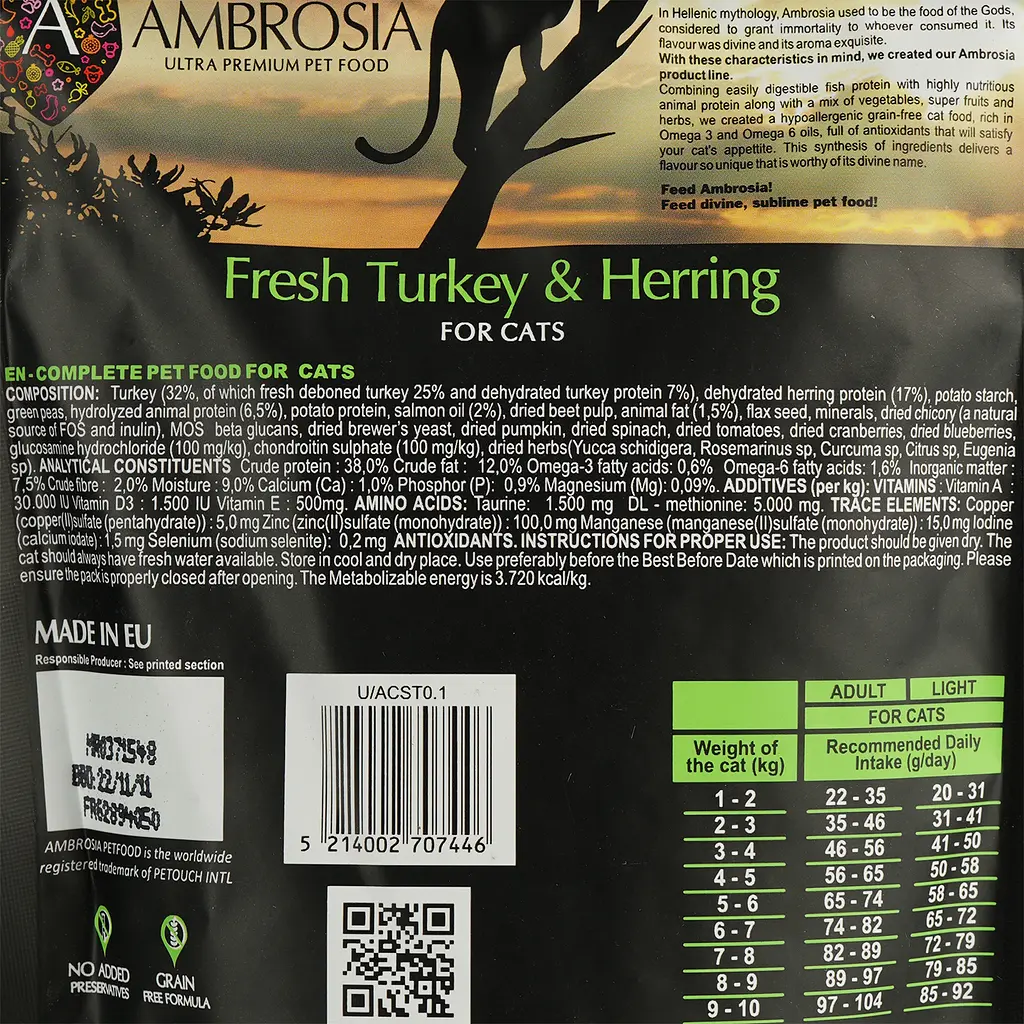Сухой корм Ambrosia Grain Free для стерилизованных кошек со свежей индейкой и сельдью 100 г - фото 4